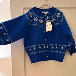 Emile et Aida Blue and white floral daisy knit cardigan 4T
